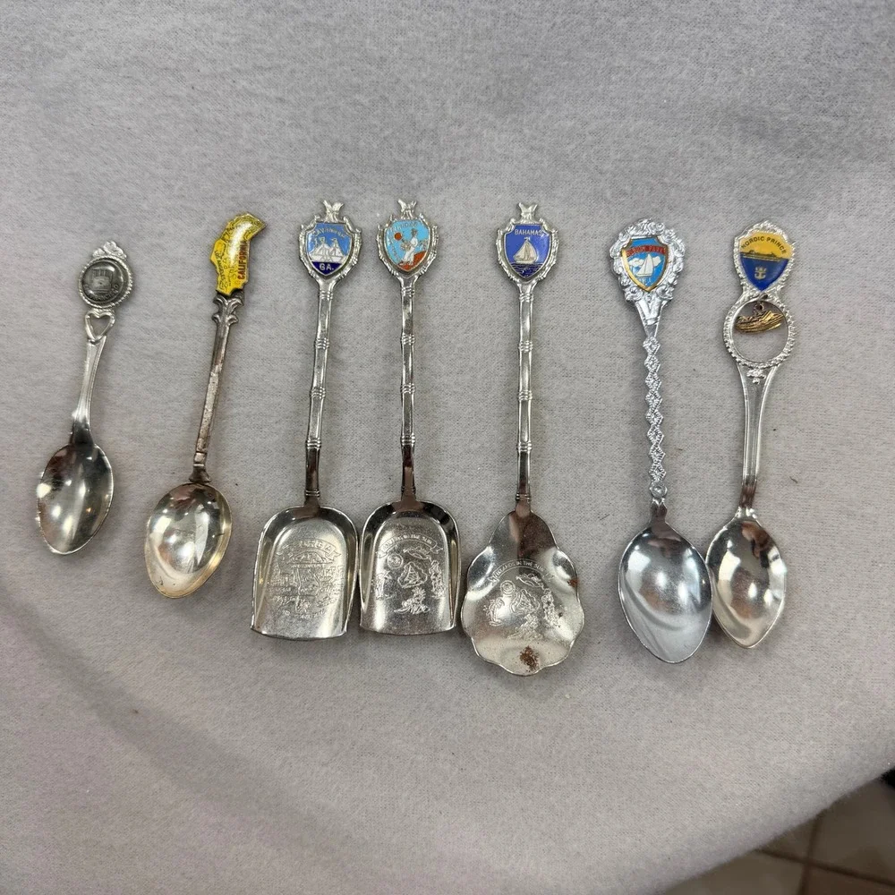 Vintage Souvenir Collector Spoons Lot of 7 California Georgia Bahamas Enamel
